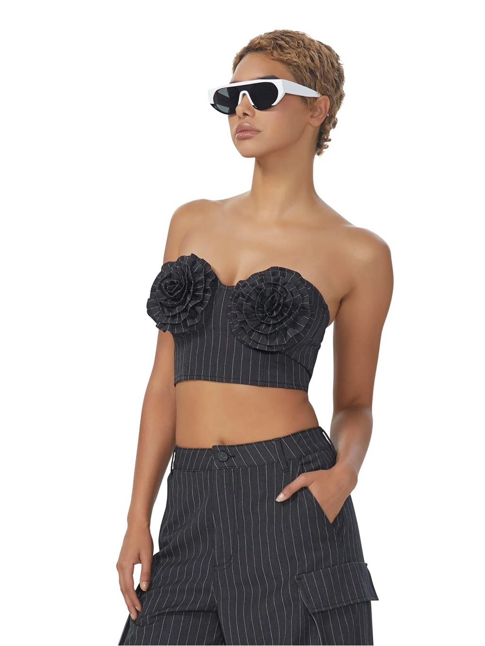 Kiko Corset Top - Charcoal White Pinstripe